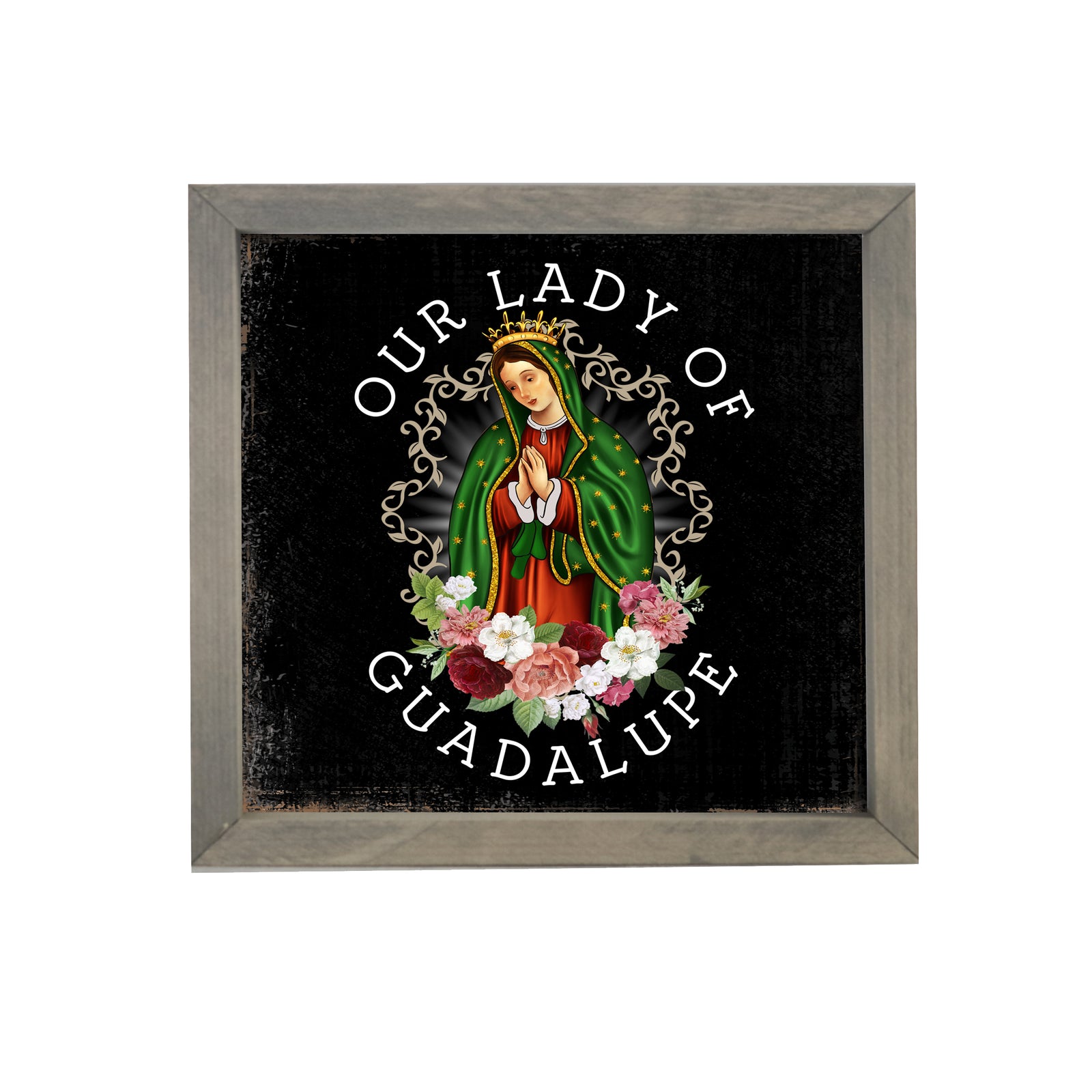 Virgin Lady of Guadalupe Memorial Grey Framed Shadow Box Sympathy Keepsake For Adults In Spanish