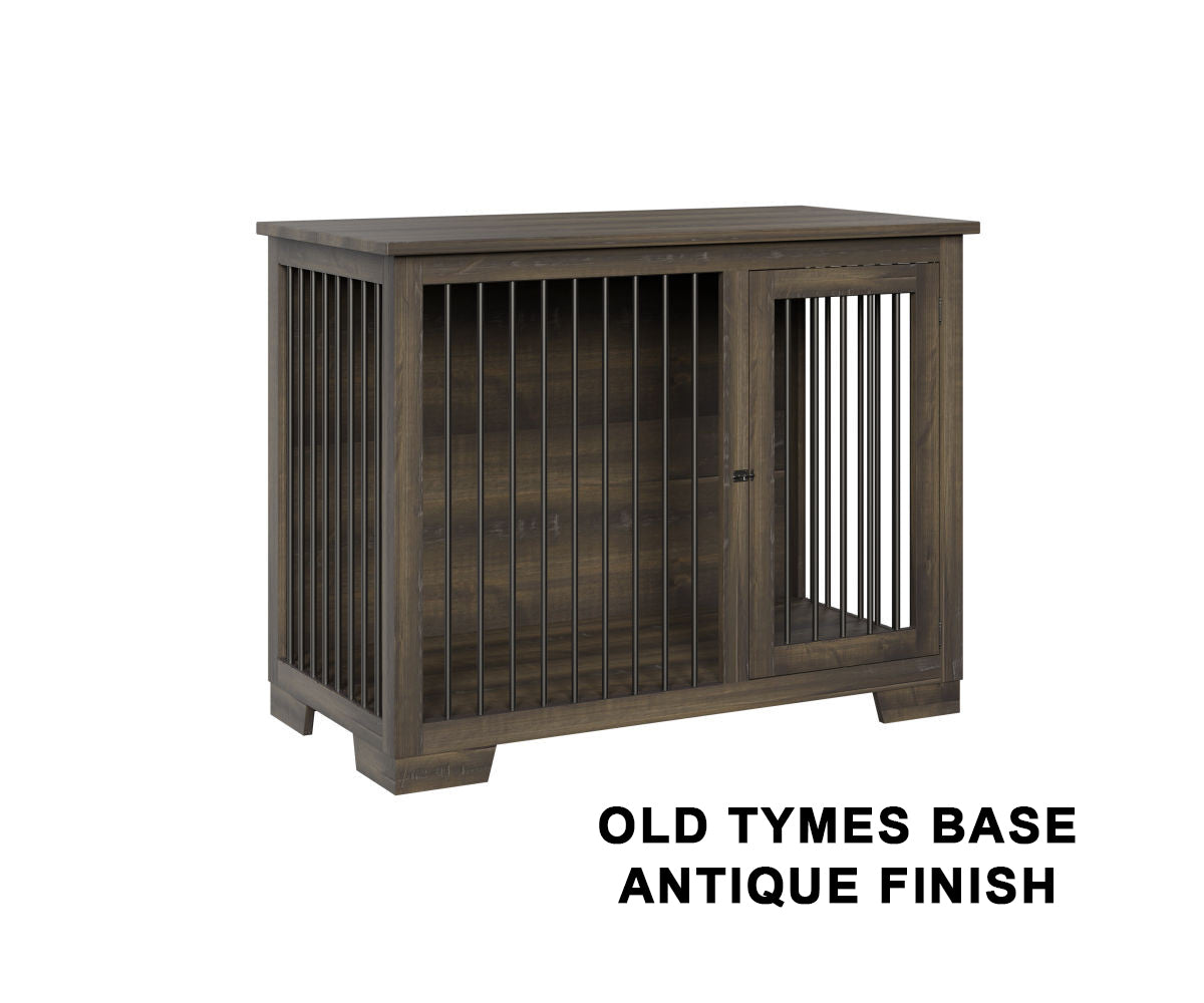 Wooden dog crate furniture in antique finish - rustic barn door style pet kennel
