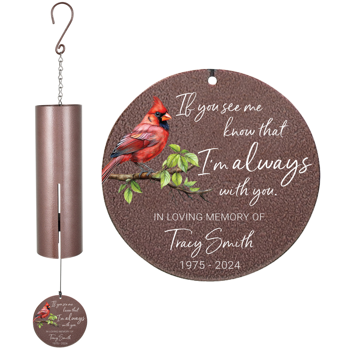 Personalized Cardinal Memorial Wind Chime - If You See Me Know That I'm Always With You, 36"