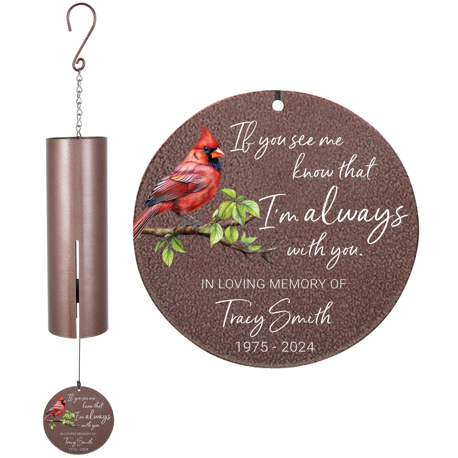 Personalized Cardinal Memorial Wind Chime - If You See Me Know That I'm Always With You, 36"