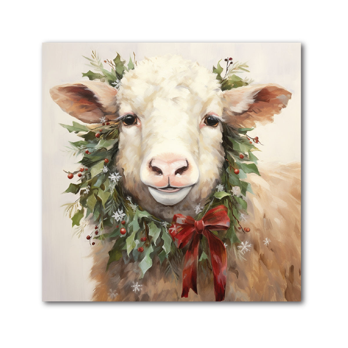 Christmas Sheep Decorative Tile - Holly Wreath &amp; Red Bow, 4 x 4"