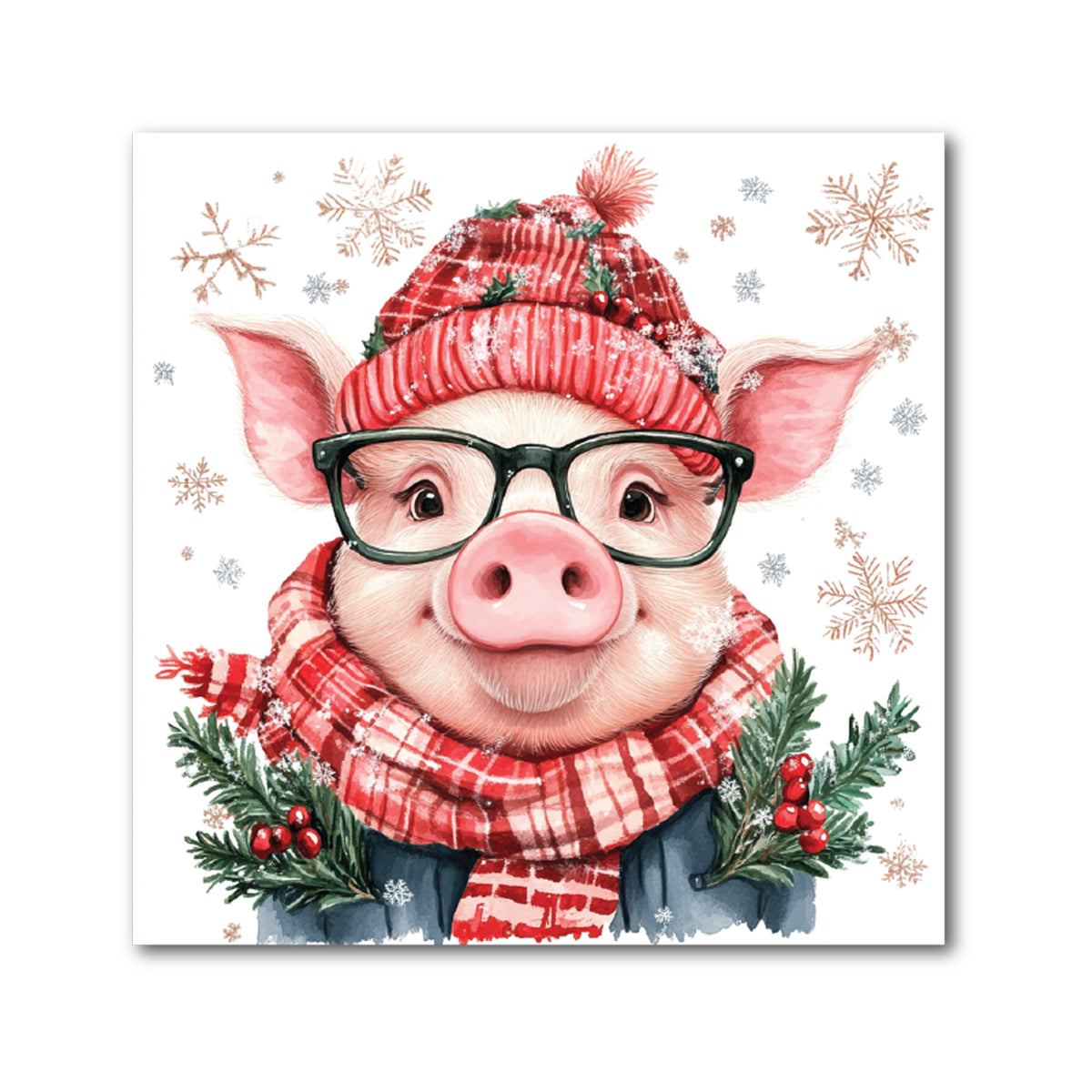 Christmas Pig Decorative Tile - Pig in Glasses, Knit Hat &amp; Scarf, 4 x 4"