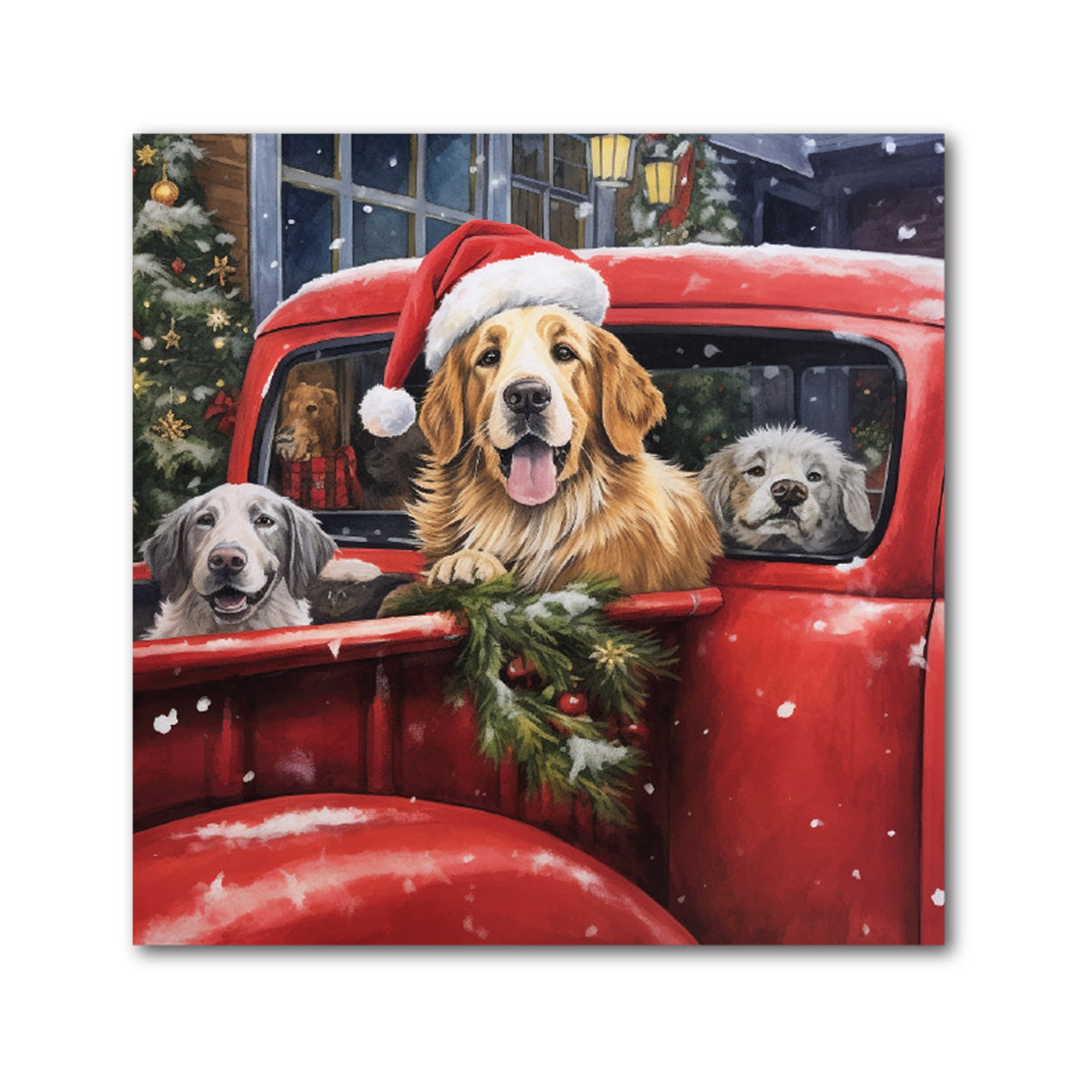 Christmas Dog Decorative Tile - Golden Retriever in Red Truck, 4 x 4"