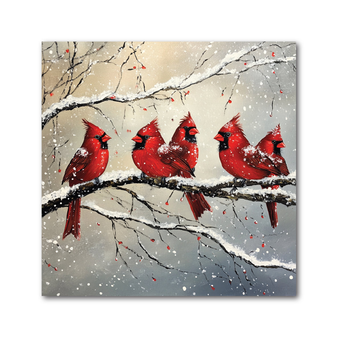 Cardinal Christmas Decorative Tile - Five Cardinals on a Snowy Branch, 4 x 4"