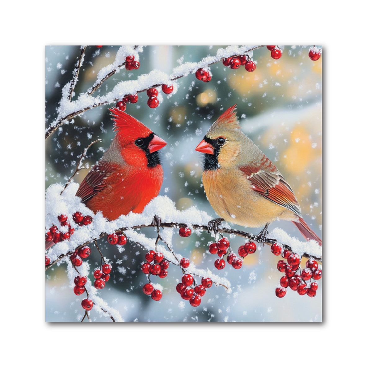 Cardinal Pair Christmas Decorative Tile - Snowy Berry Branch, 4 x 4"