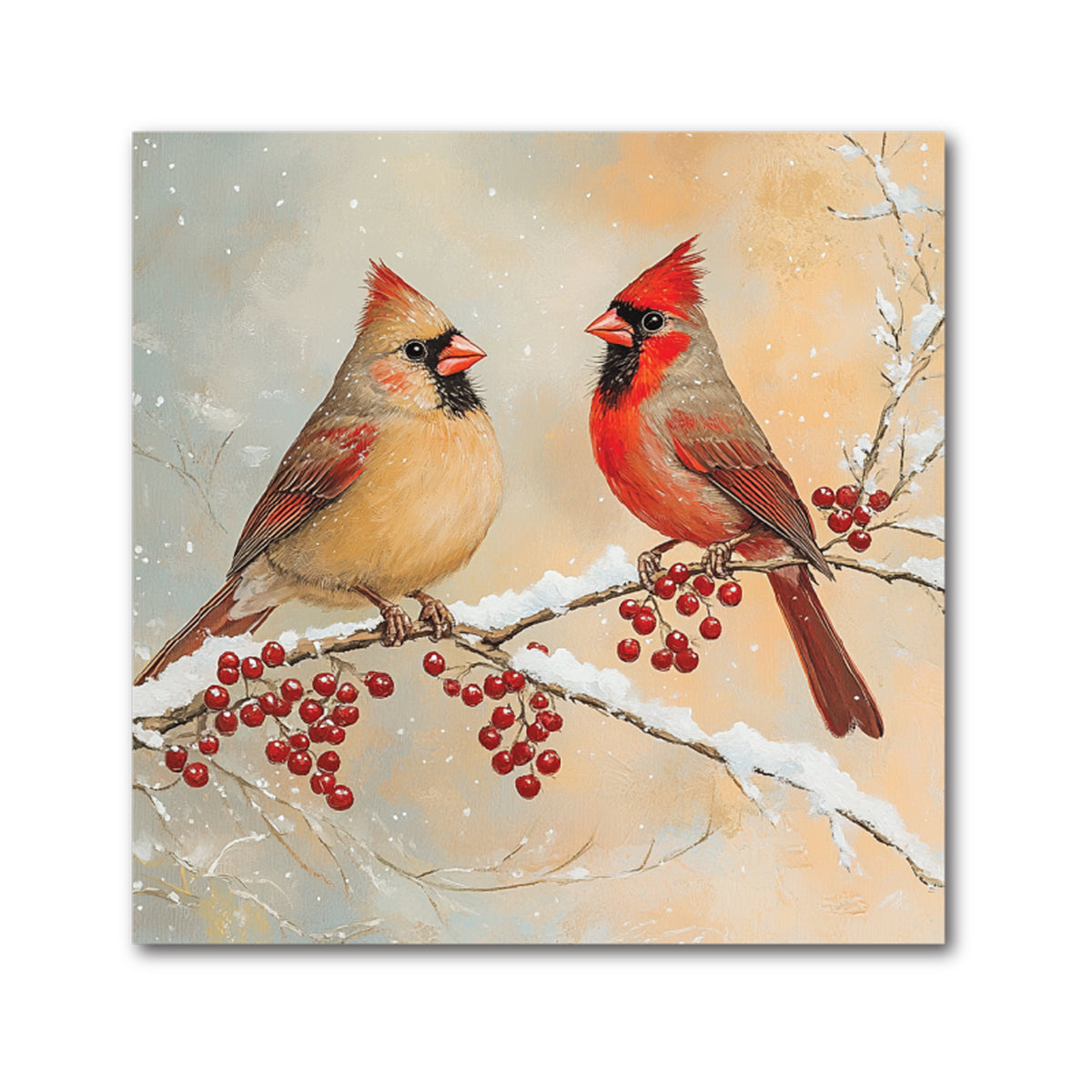 Cardinal Pair Christmas Decorative Tile - Berry Branch on Warm Cream, 4 x 4"