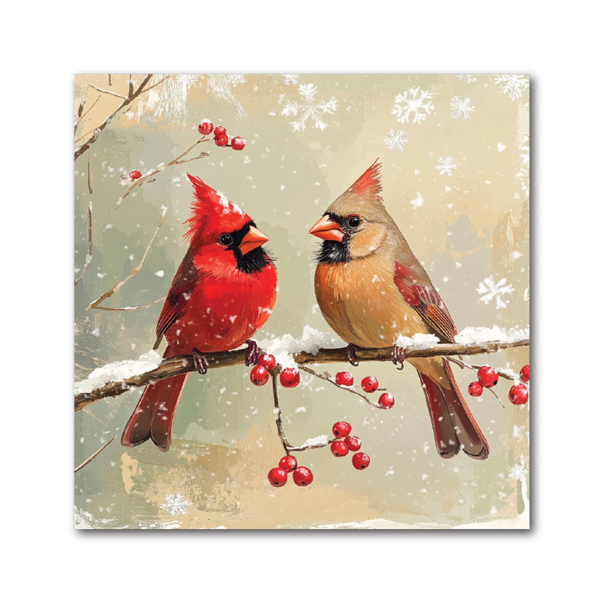 Cardinal Pair Christmas Decorative Tile - Berry Branch on Sage Green, 4 x 4"