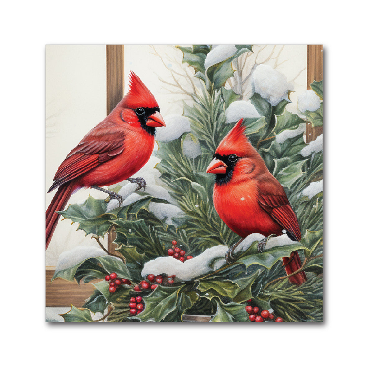 Cardinal Christmas Decorative Tile - Two Cardinals in Snowy Evergreen, 4 x 4"