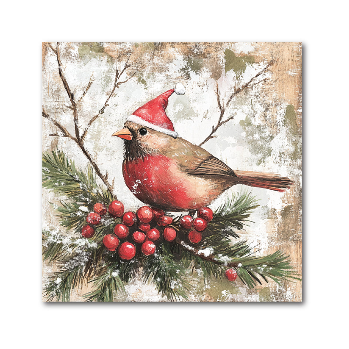 Cardinal Christmas Decorative Tile - Cardinal in Santa Hat, 4 x 4"