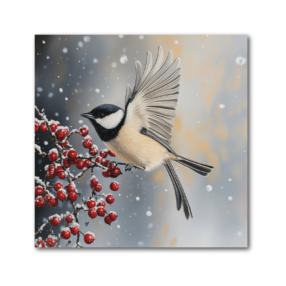 Chickadee Christmas Decorative Tile - Bird in Flight with Red Berries, Light, 4 x 4"