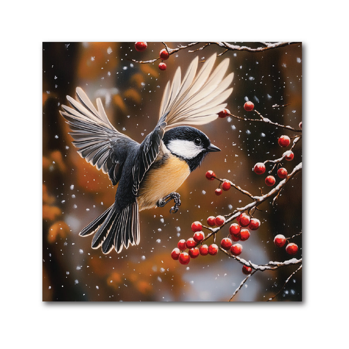 Chickadee Christmas Decorative Tile - Bird in Flight with Red Berries, Dark, 4 x 4"
