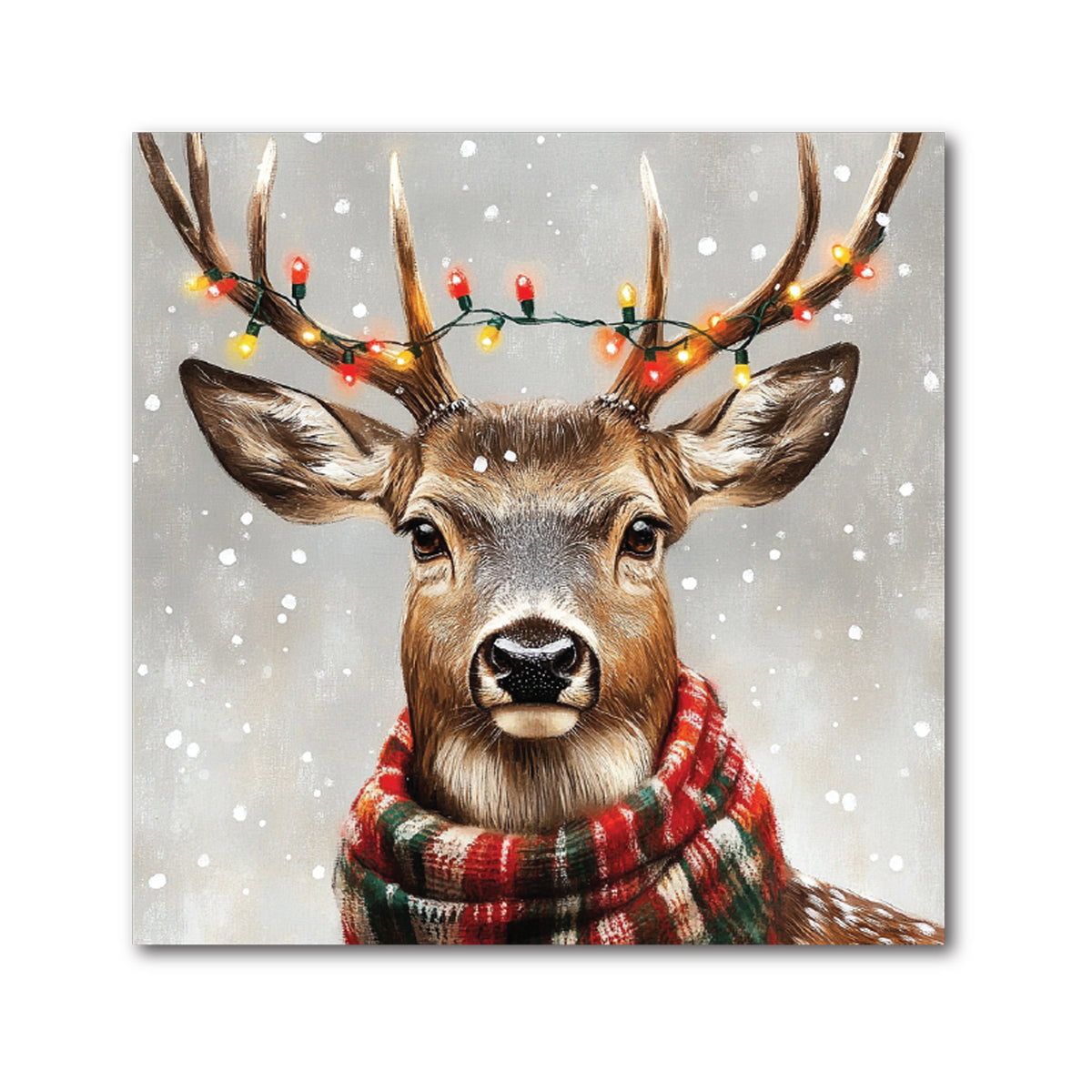 Reindeer Christmas Decorative Tile - String Lights on Antlers &amp; Plaid Scarf, 4 x 4"