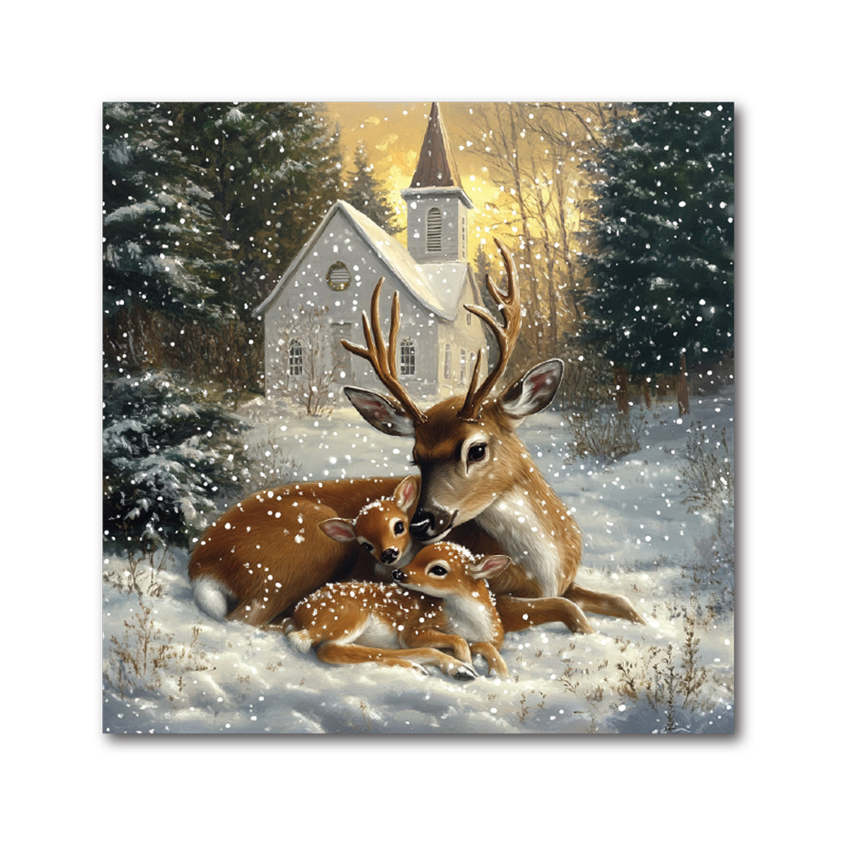 Deer Christmas Decorative Tile - Doe &amp; Fawn Resting by a Snowy Church, 4 x 4"