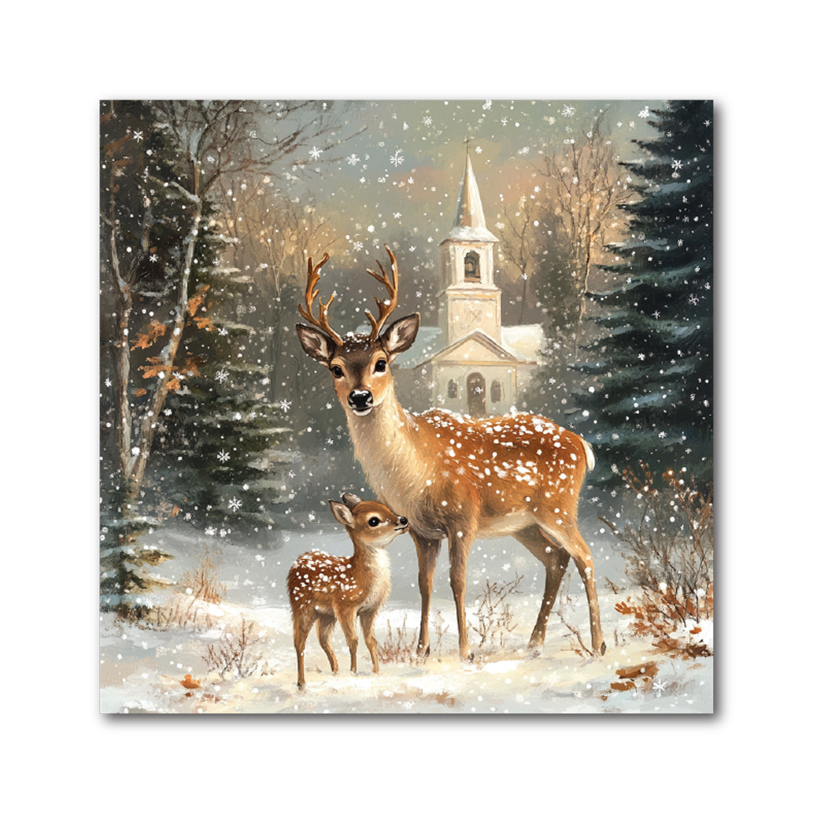 Deer Christmas Decorative Tile - Doe &amp; Fawns Before a Country Church, 4 x 4"