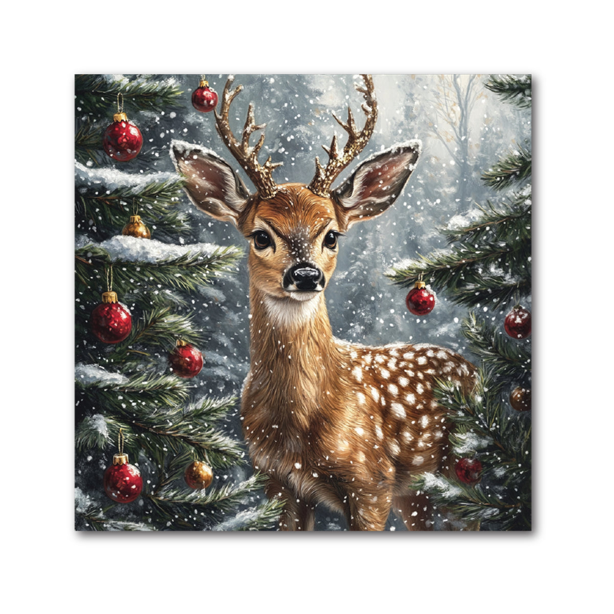 Fawn Christmas Decorative Tile - Fawn Among Decorated Trees, 4 x 4"