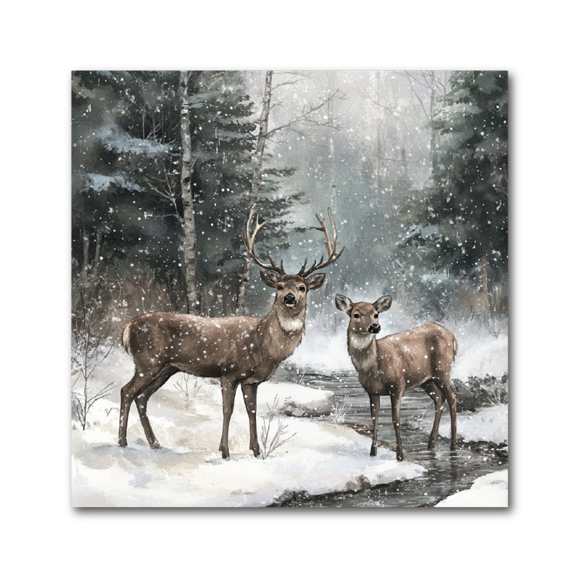 Deer Christmas Decorative Tile - Two Deer by a Snowy Forest Stream, 4 x 4"