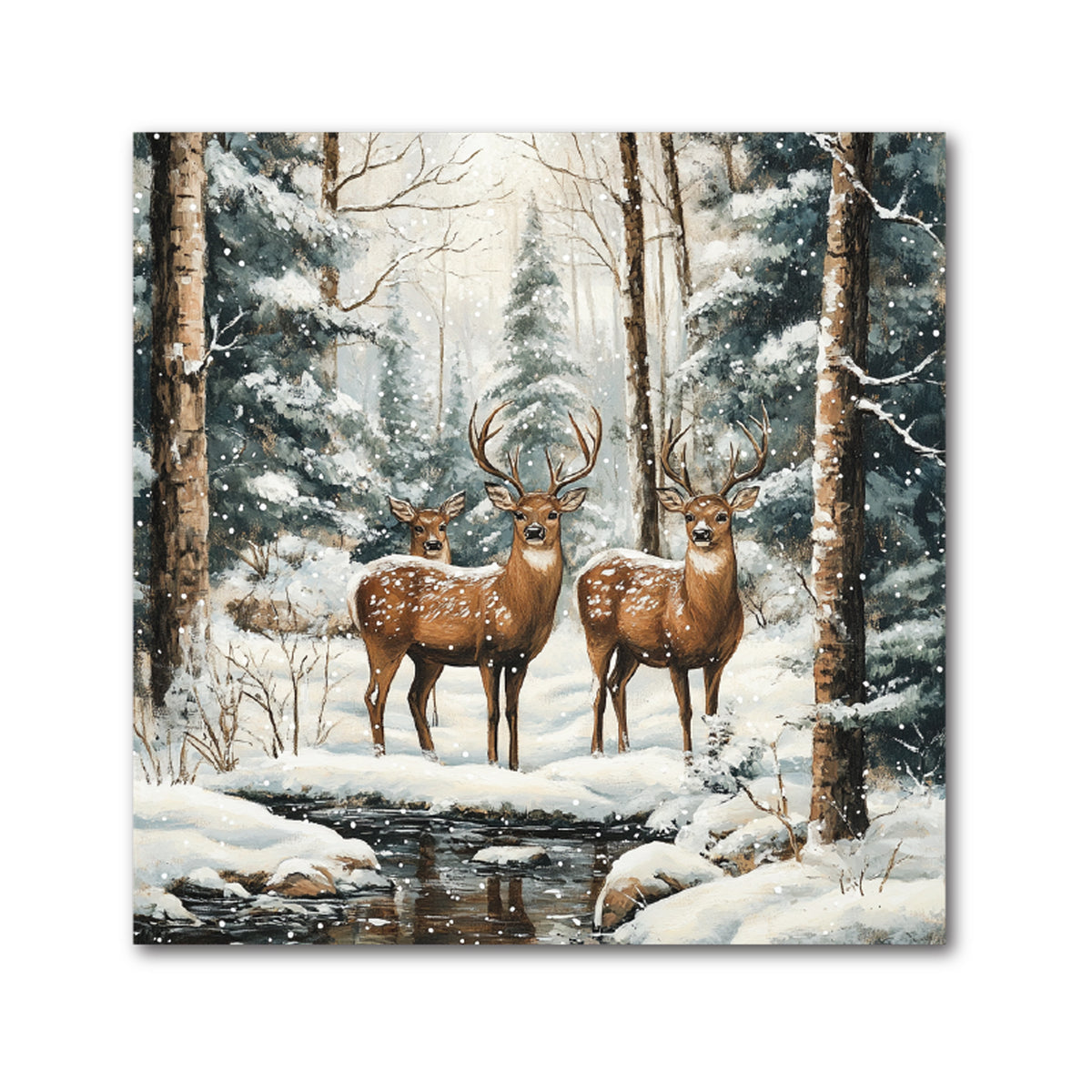 Deer Christmas Decorative Tile - Three Deer in a Snowy Forest, 4 x 4"