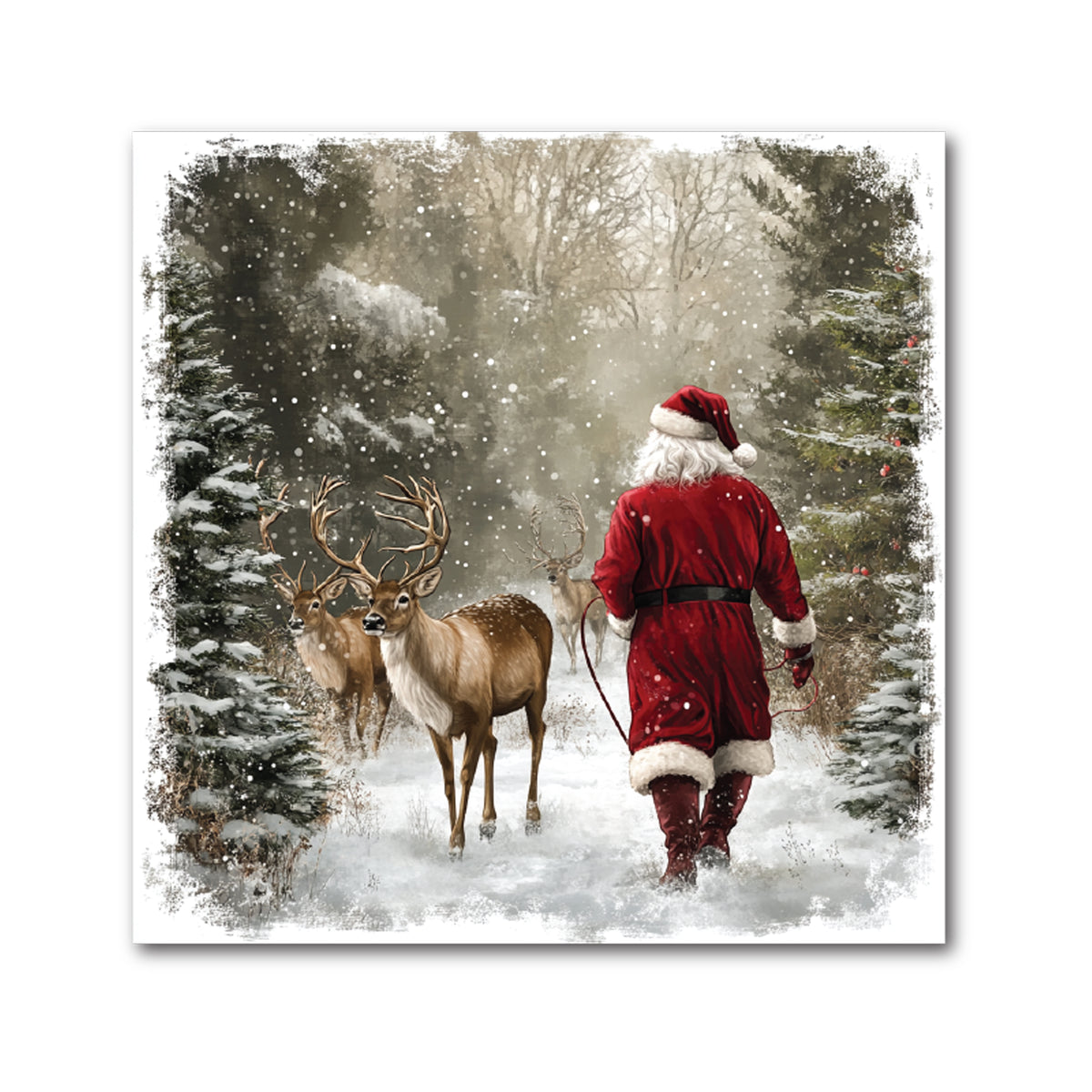Santa &amp; Reindeer Christmas Decorative Tile - Walking Through Snowy Woods, 4 x 4"