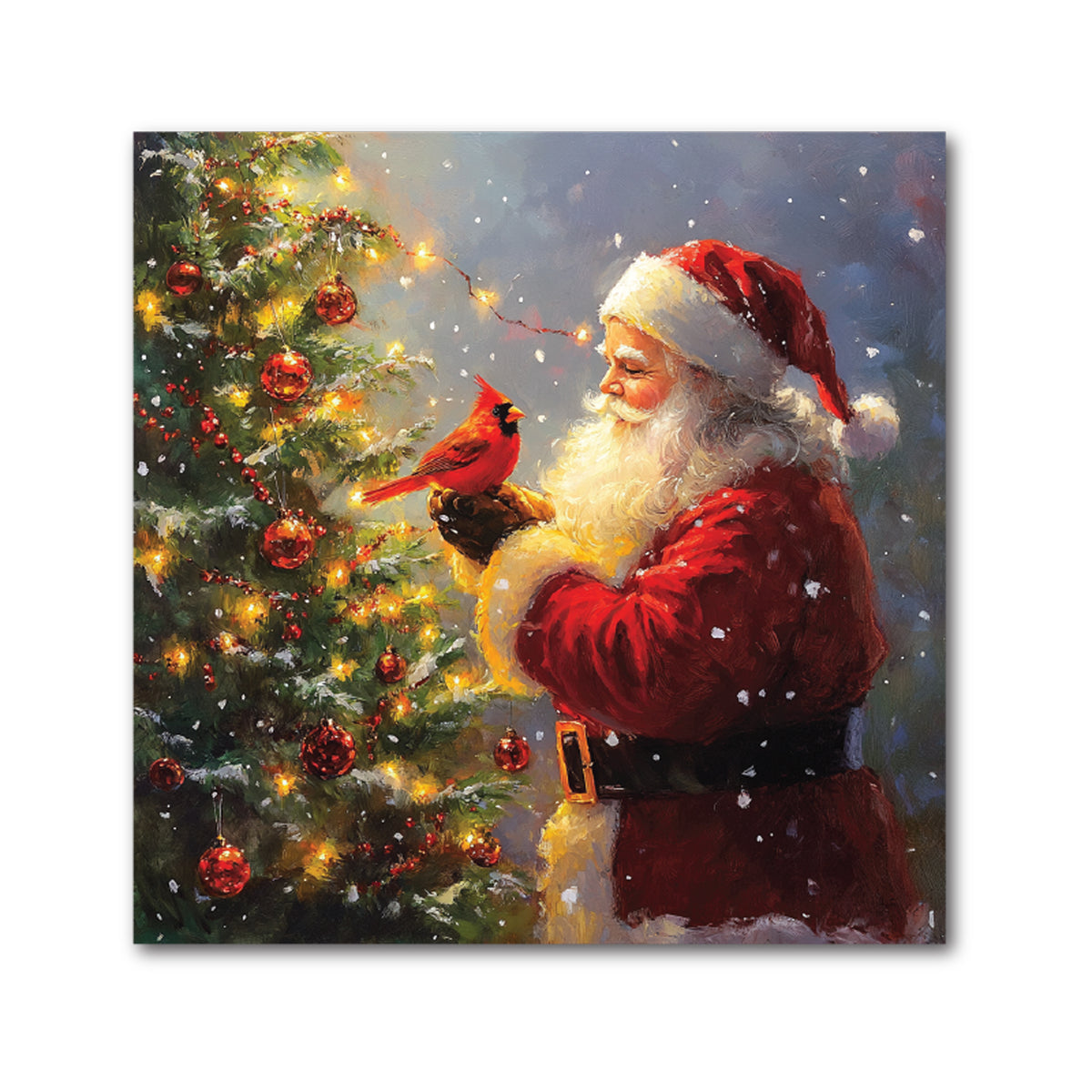 Santa Christmas Decorative Tile - Santa &amp; Cardinal at the Christmas Tree, 4 x 4"
