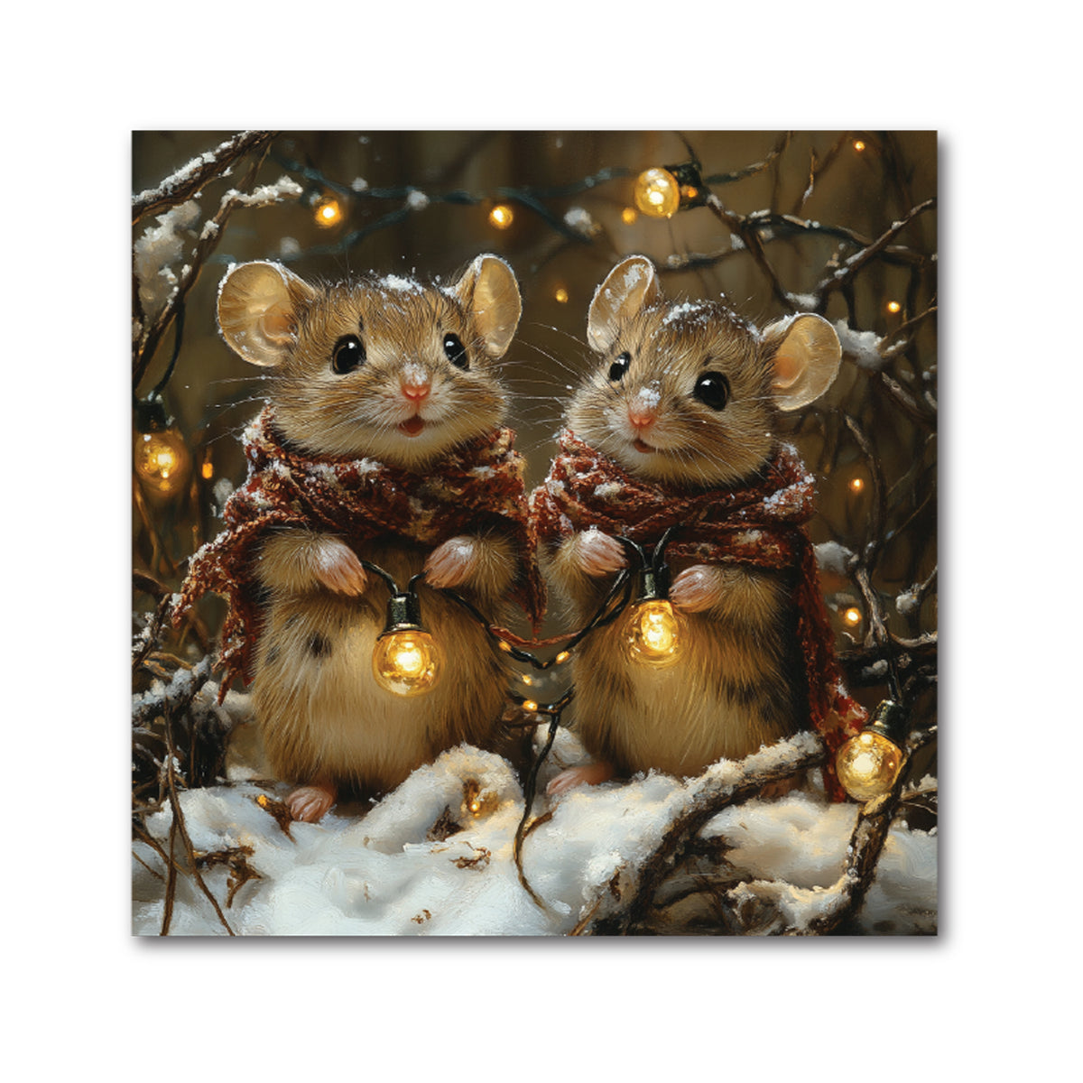 Christmas Mice Decorative Tile - Two Mice with String Lights, 4 x 4"