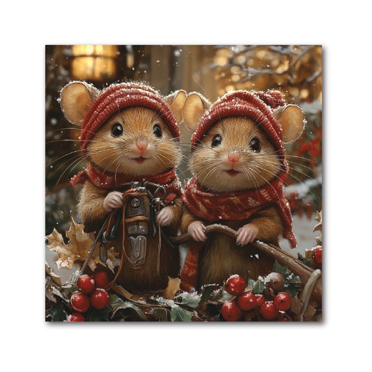 Christmas Mice Decorative Tile - Two Mice in Red Knit Hats with Lantern, 4 x 4"