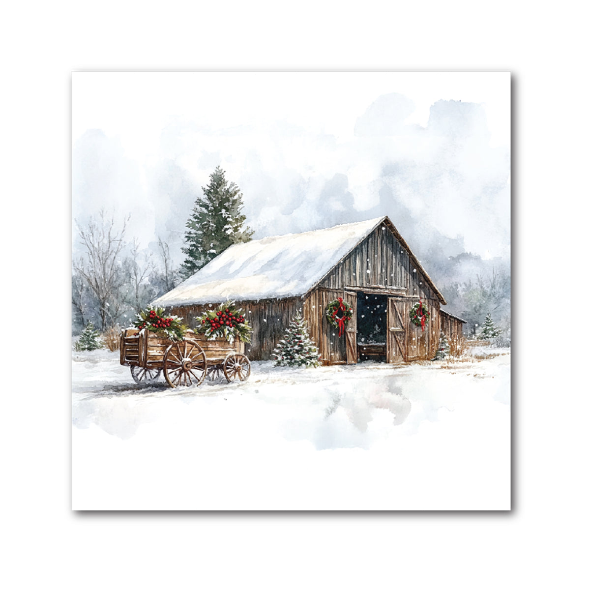 Square decorative Christmas tile of a snowy rustic barn with a wreath and a decorated wagon in watercolor
