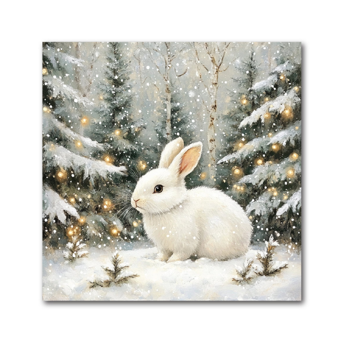 Square decorative Christmas tile of a white bunny in the snow among evergreen trees with twinkling lights
