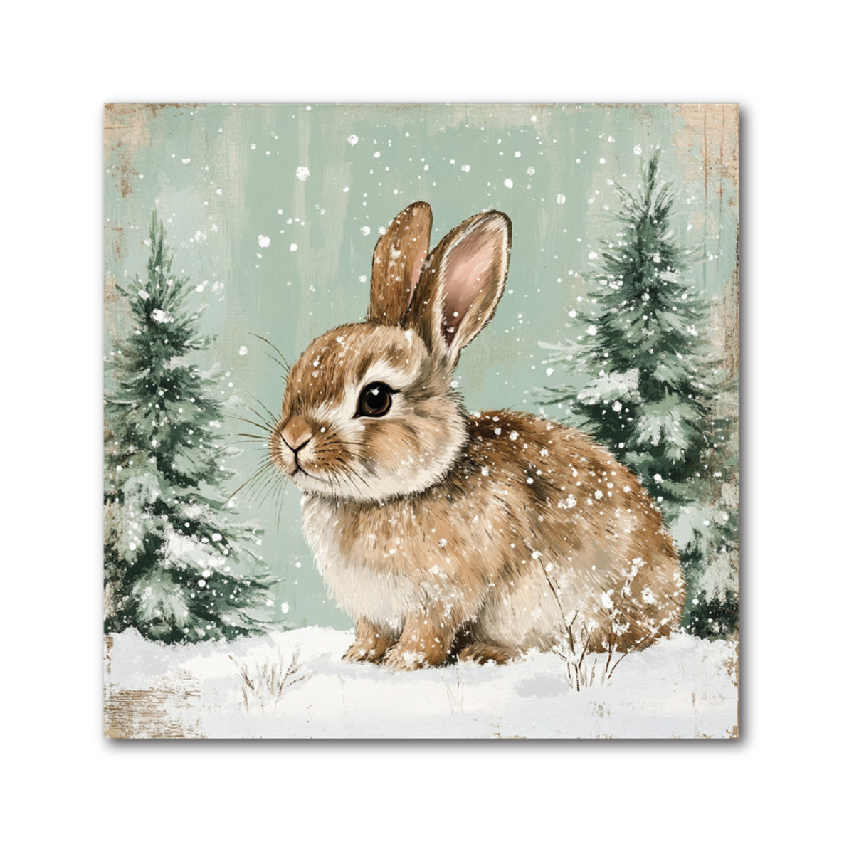 Square decorative Christmas tile of a brown bunny in the snow beside small pines on a sage green background
