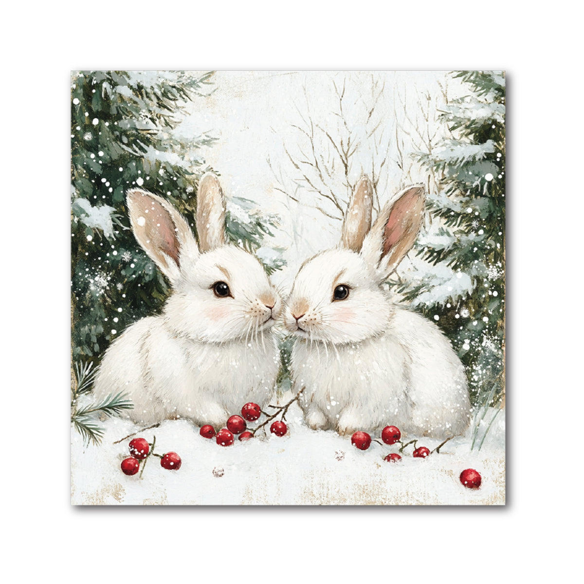 Square decorative Christmas tile of two white bunnies together in the snow with red berries
