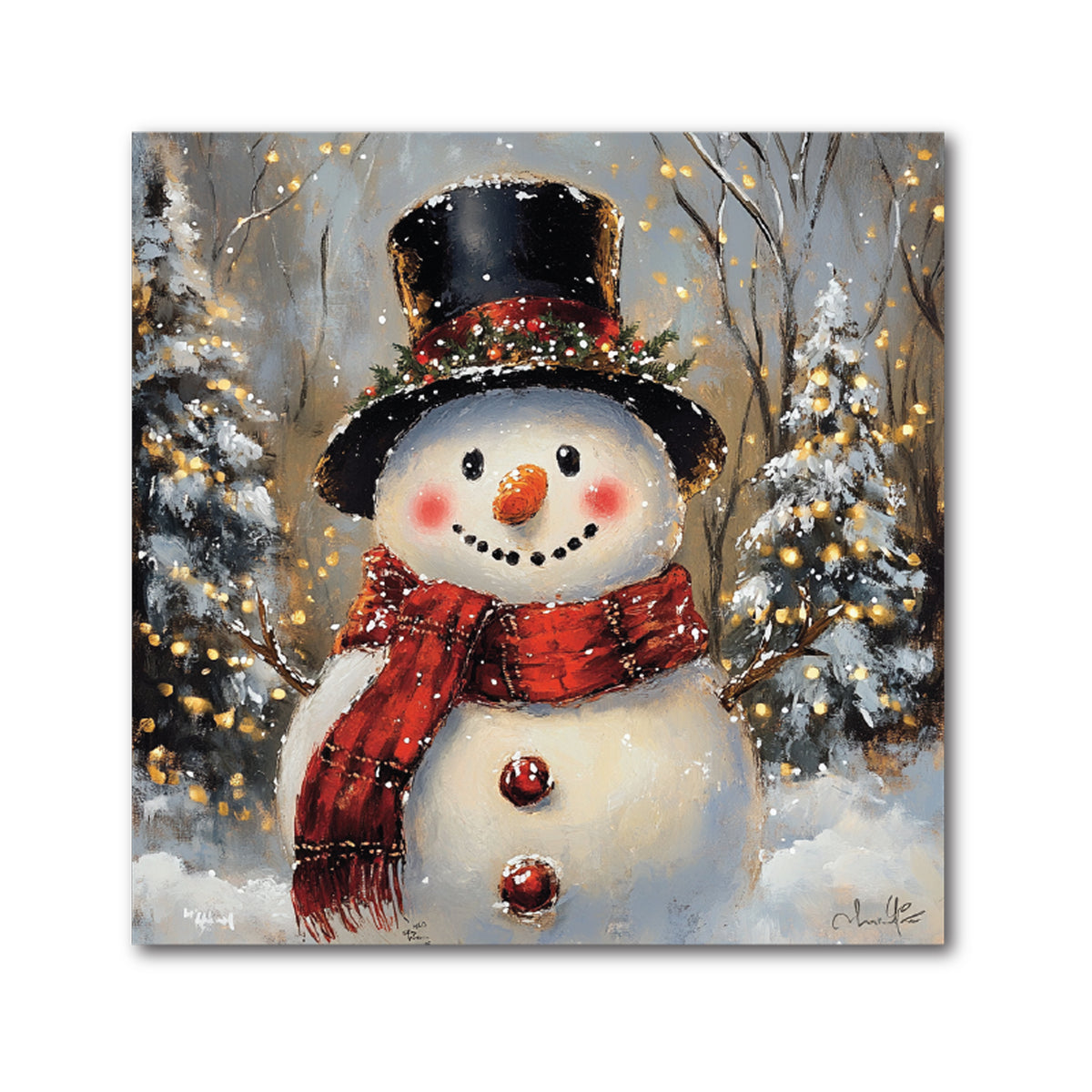 Square decorative Christmas tile of a smiling snowman in a black top hat and red plaid scarf in a snowy forest
