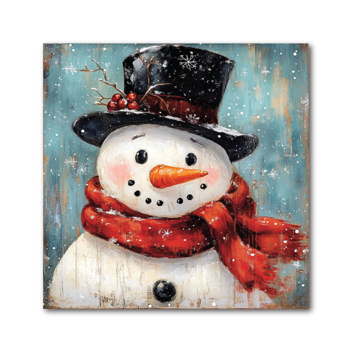 Square decorative Christmas tile of a close-up snowman in a top hat and red scarf on a teal background