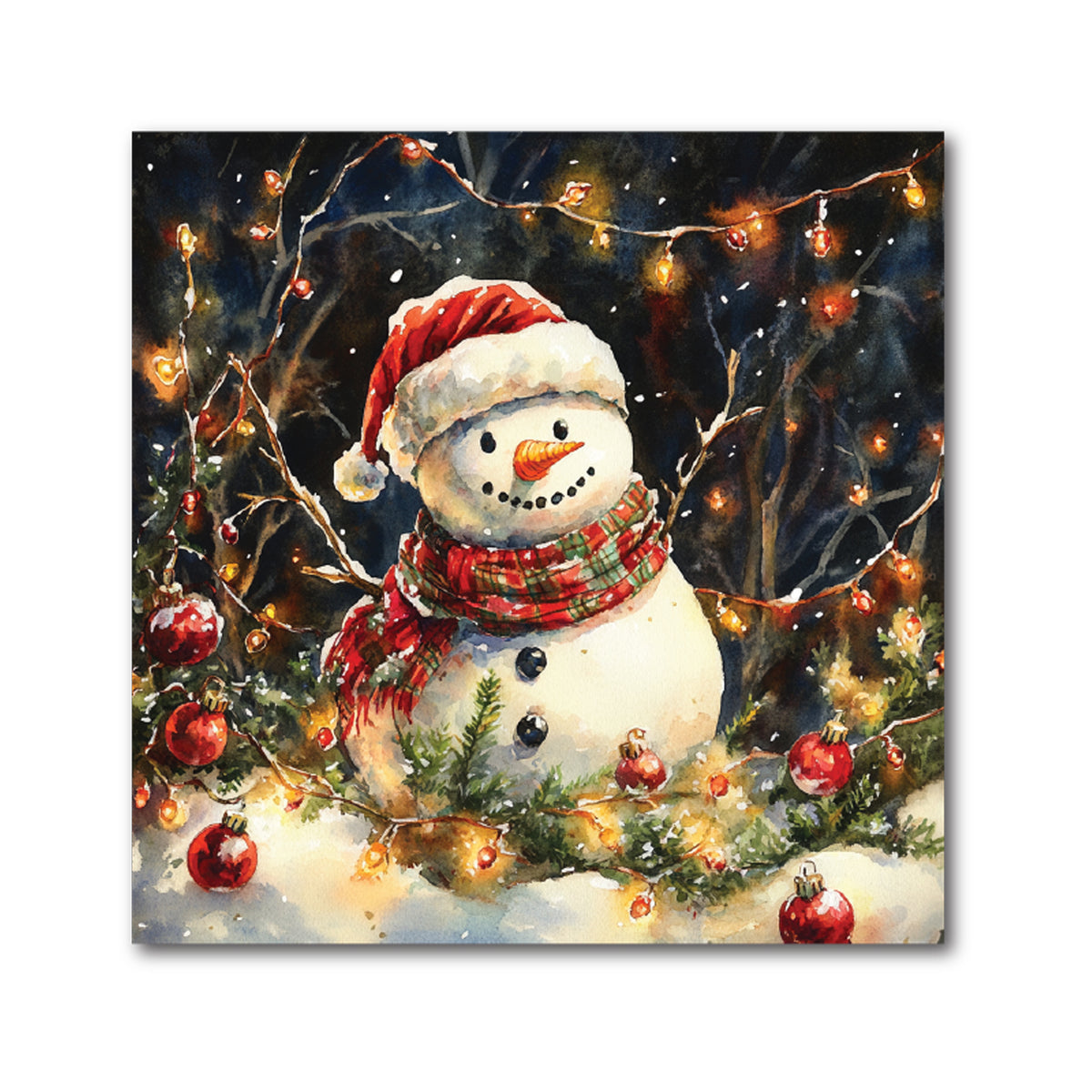 Square decorative Christmas tile of a snowman in a Santa hat surrounded by string lights and ornaments
