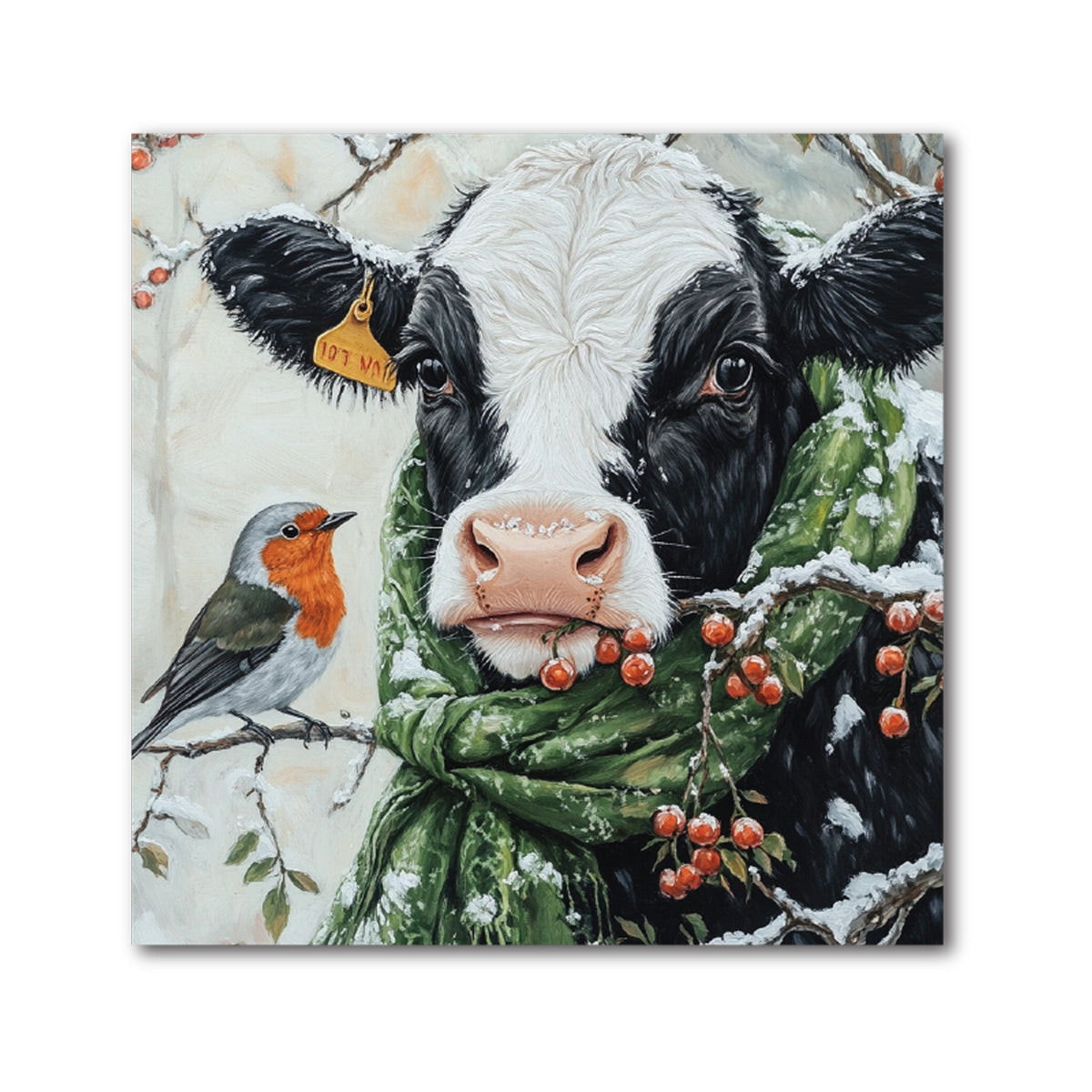 Square decorative Christmas tile of a black and white cow in a green scarf with a robin on a snowy berry branch