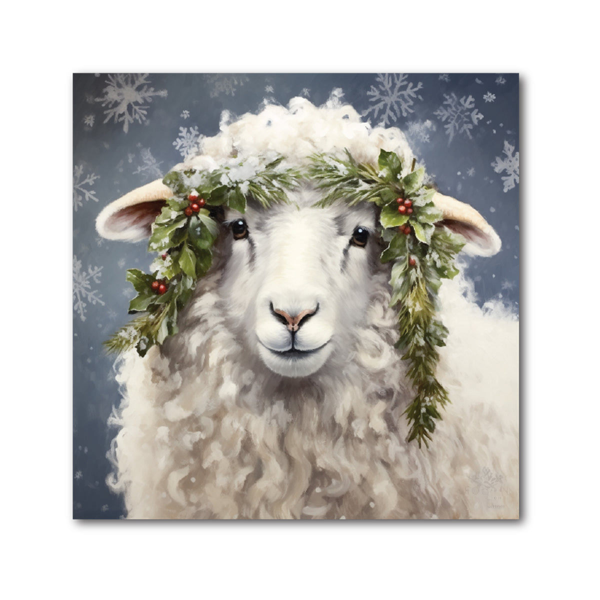 Square decorative Christmas tile of a white sheep wearing a holly crown on a blue-gray snowy background