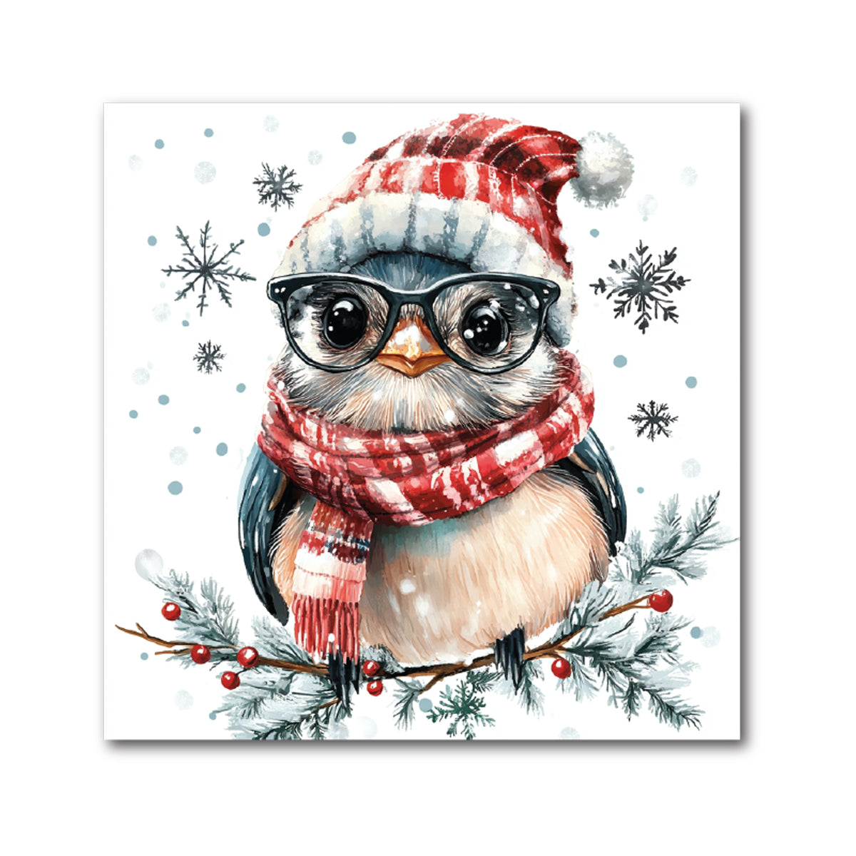 Square decorative Christmas tile of a whimsical bird in glasses, a red knit hat, and a plaid scarf on a pine branch