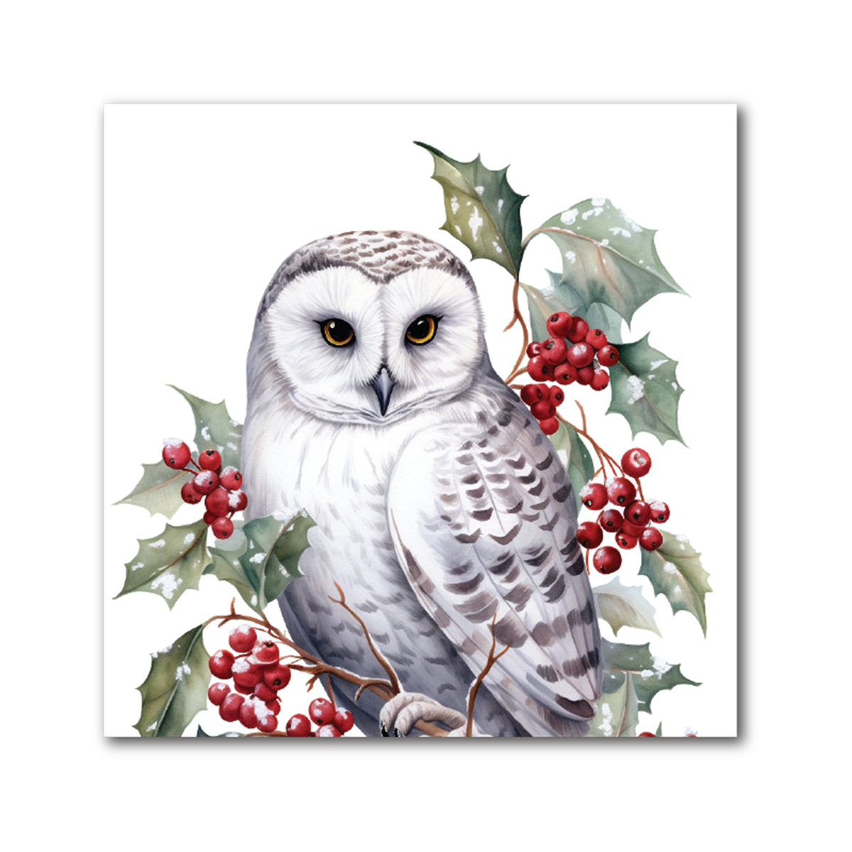 Square decorative Christmas tile of a snowy owl surrounded by holly leaves and red berries on white