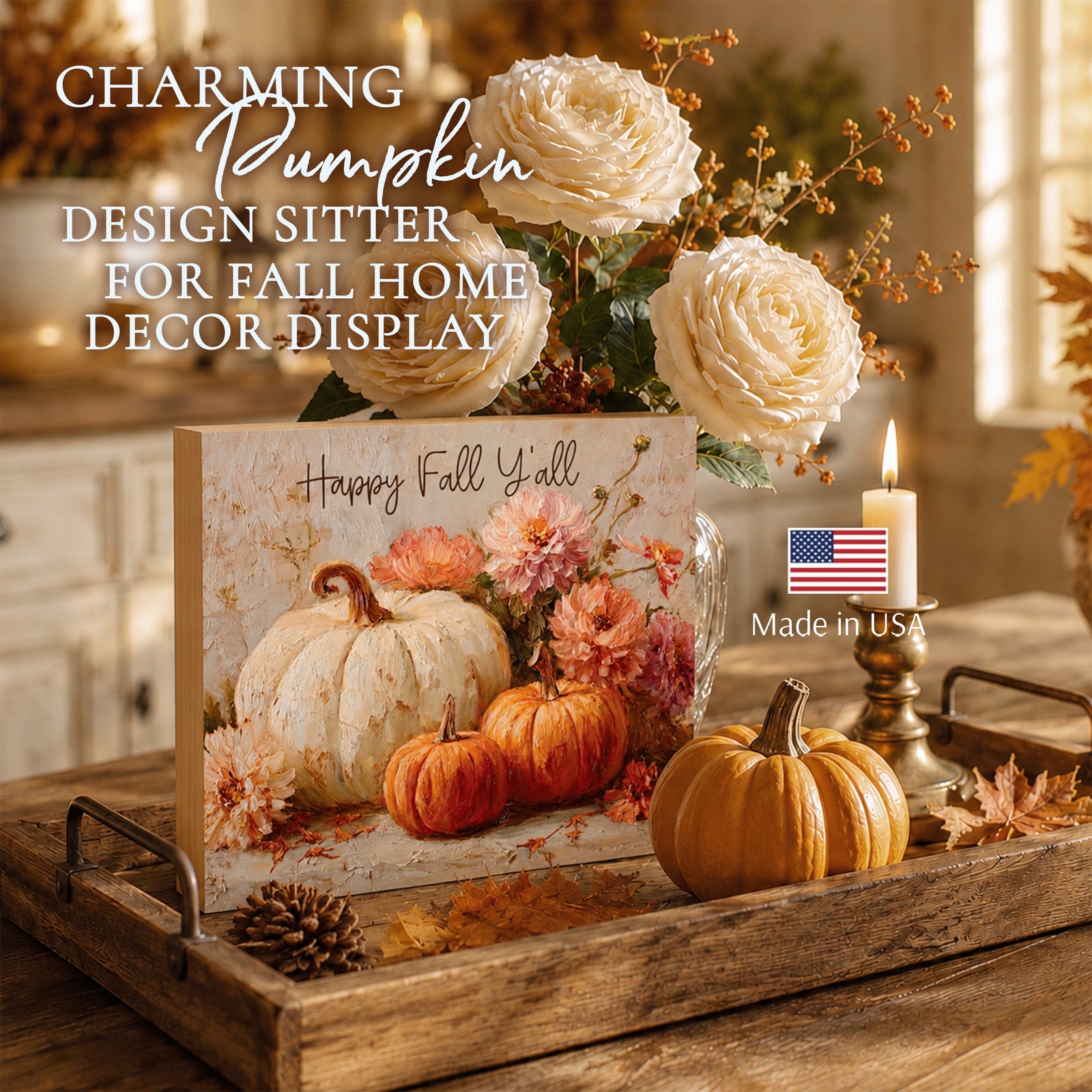 Happy Fall Y’all Pumpkin & Floral Wood Shelf Sitter