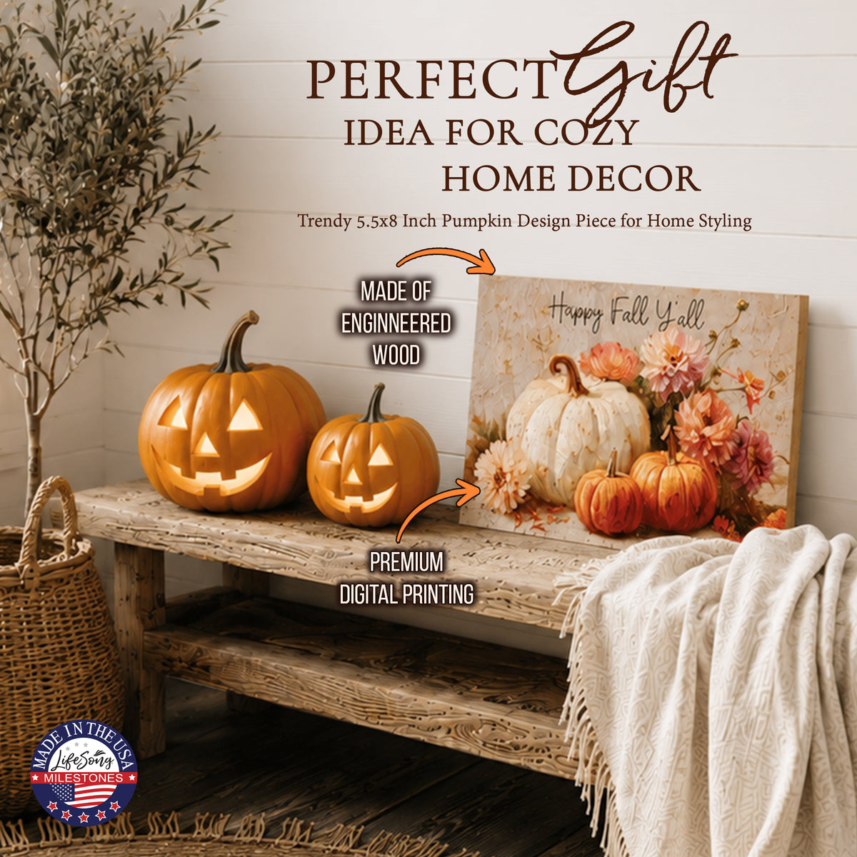 Happy Fall Y’all Pumpkin & Floral Wood Shelf Sitter