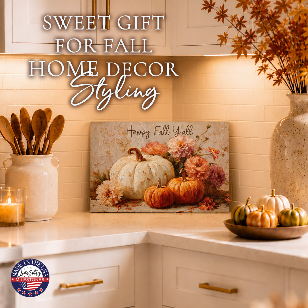 Happy Fall Y’all Pumpkin & Floral Wood Shelf Sitter