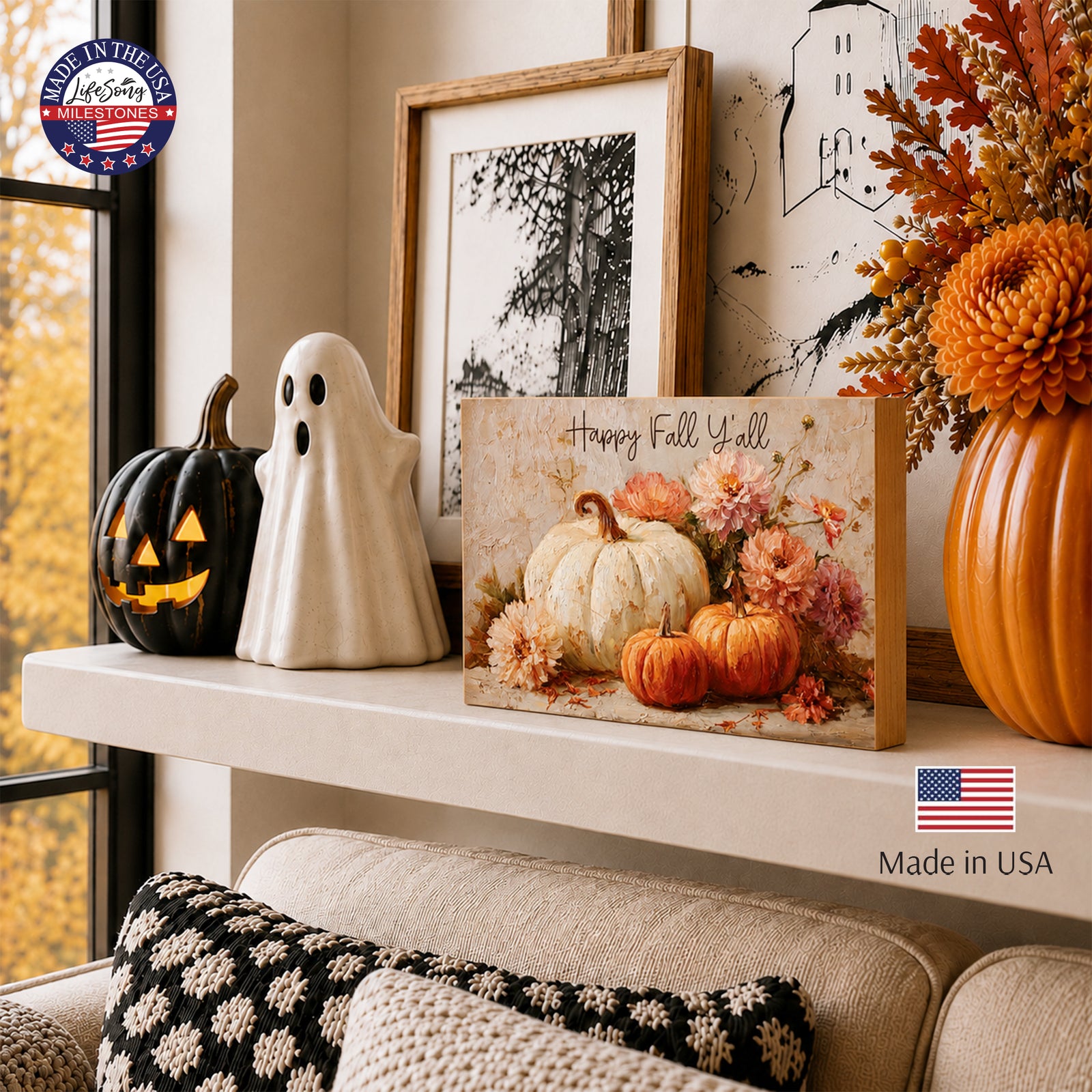 Happy Fall Y’all Pumpkin & Floral Wood Shelf Sitter