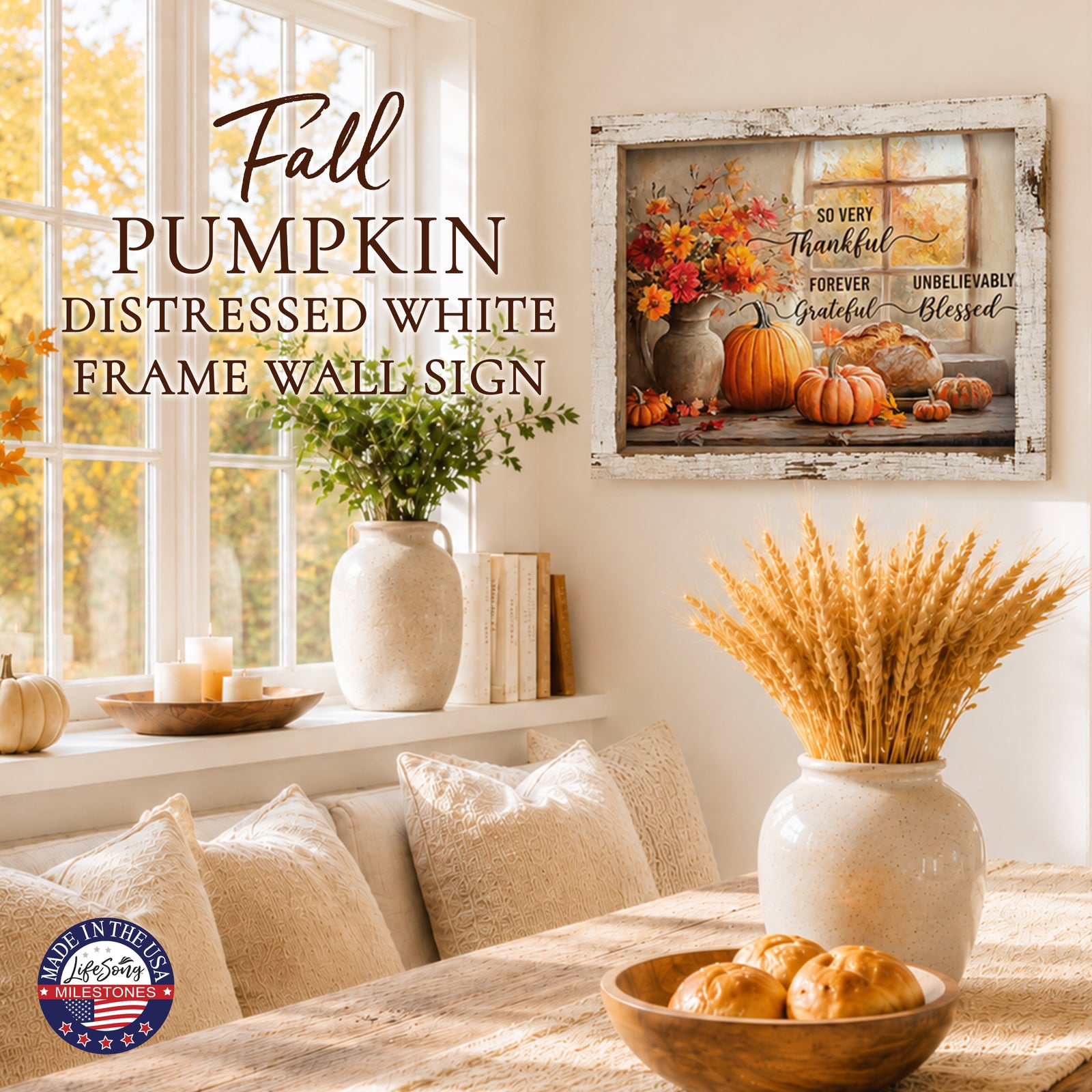 Rustic pumpkin autumn wall sign with Psalm 136:1 Give Thanks to the Lord for He Is Good in a 13.75 x 17.75 inch distressed white barnwood frame
