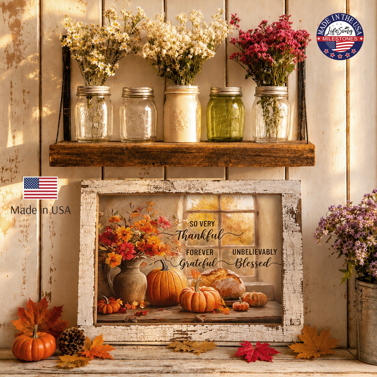 Rustic pumpkin autumn wall sign with Psalm 136:1 Give Thanks to the Lord for He Is Good in a 13.75 x 17.75 inch distressed white barnwood frame
