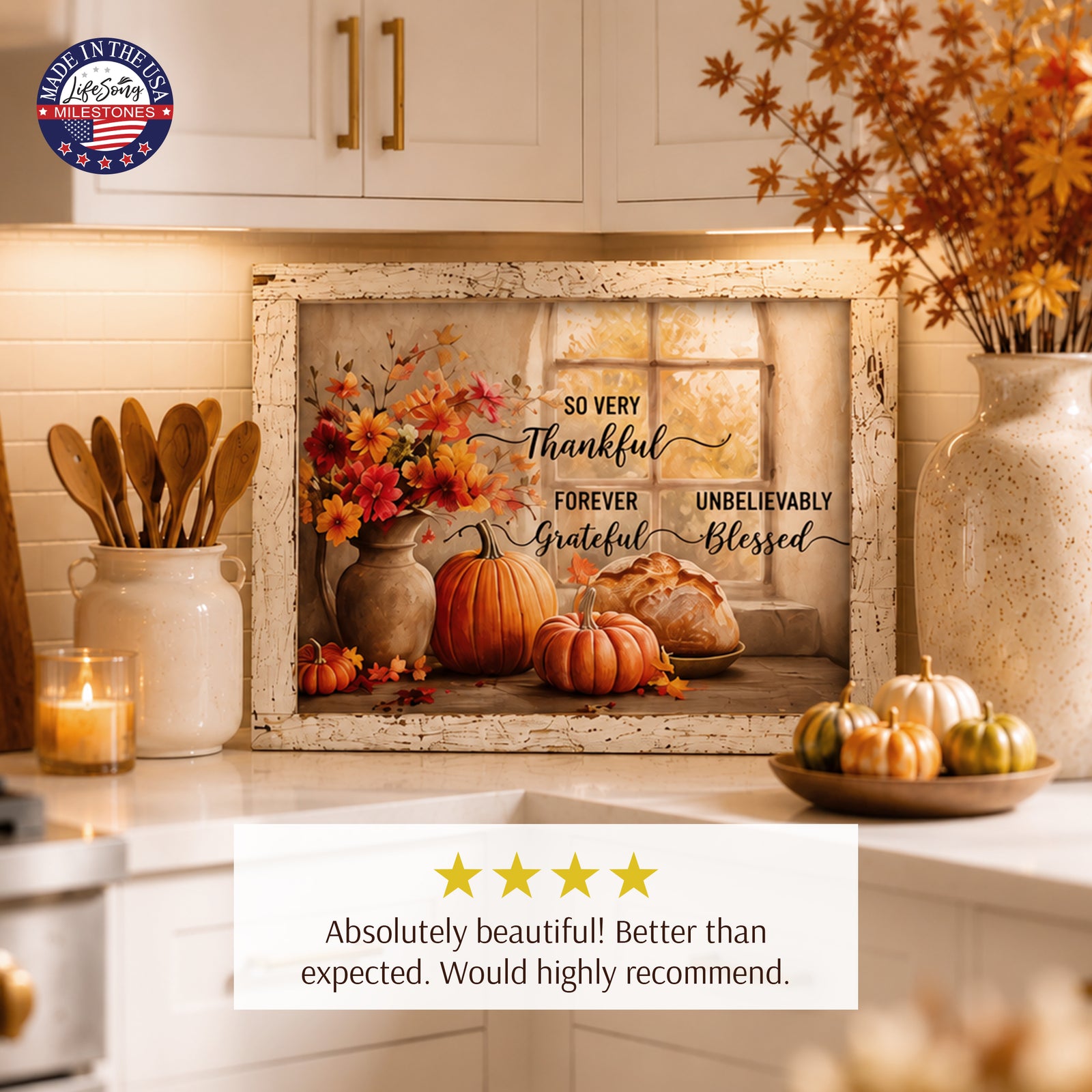 Rustic pumpkin autumn wall sign with Psalm 136:1 Give Thanks to the Lord for He Is Good in a 13.75 x 17.75 inch distressed white barnwood frame
