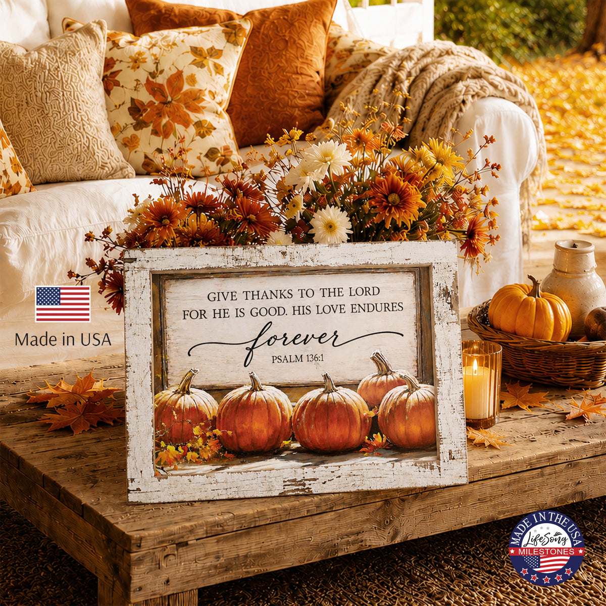 Rustic pumpkin autumn wall sign with Psalm 136:1 Give Thanks to the Lord for He Is Good in a 13.75 x 17.75 inch distressed white barnwood frame
