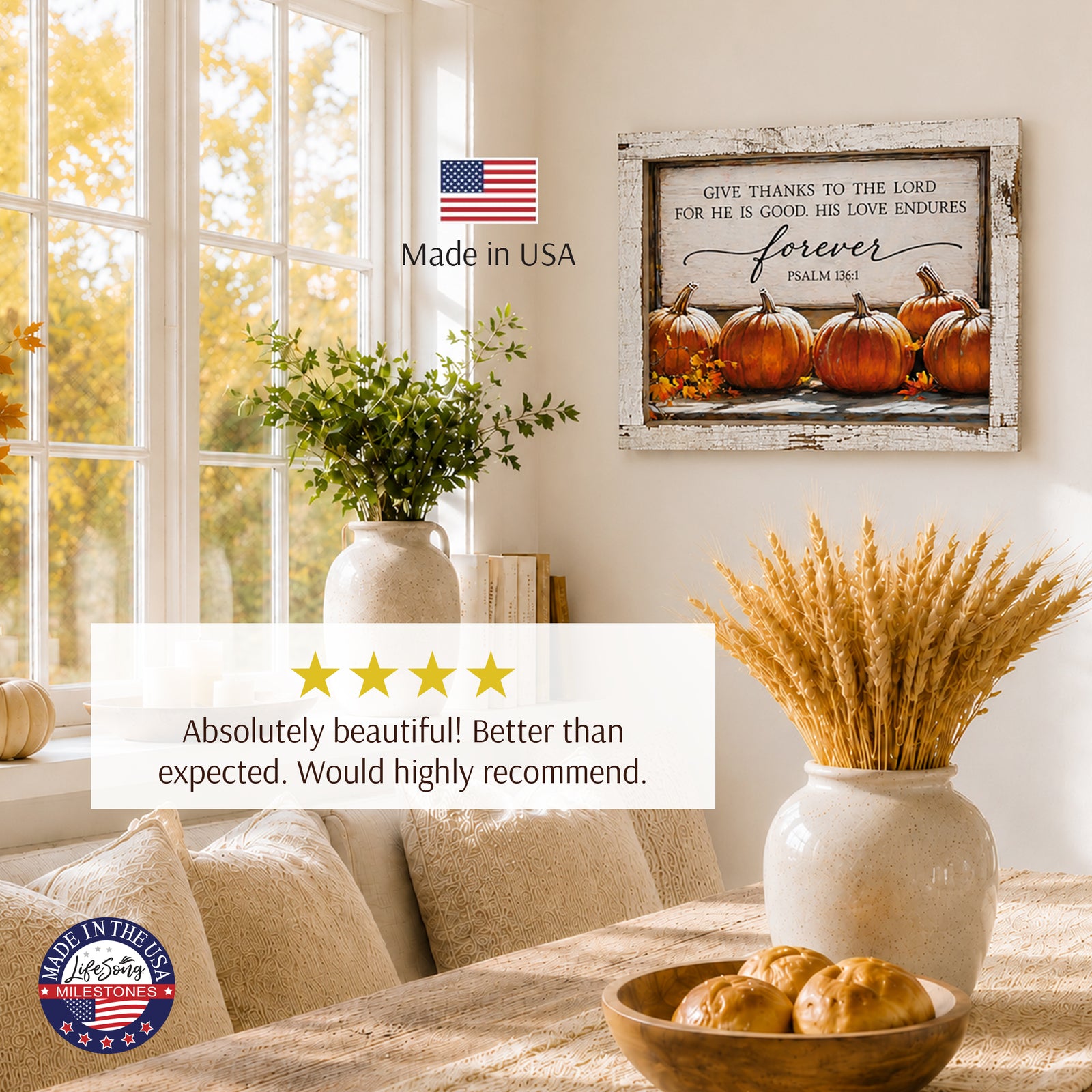 Rustic pumpkin autumn wall sign with Psalm 136:1 Give Thanks to the Lord for He Is Good in a 13.75 x 17.75 inch distressed white barnwood frame
