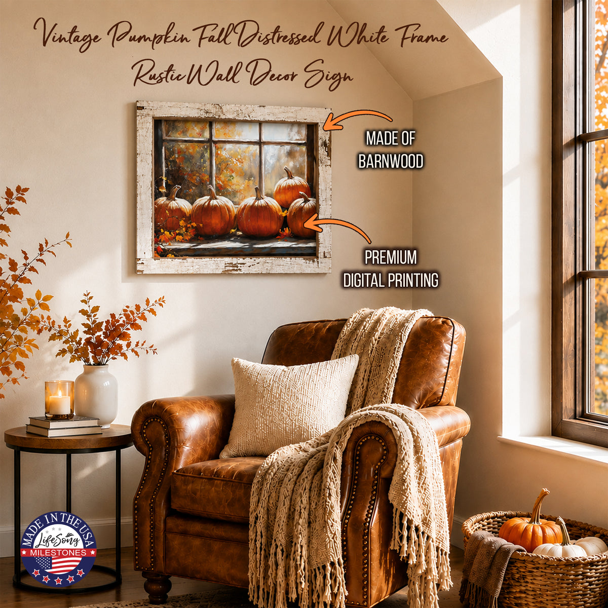 Framed autumn wall art of five orange pumpkins on a sunlit windowsill in a 13.75 x 17.75 inch distressed white barnwood frame