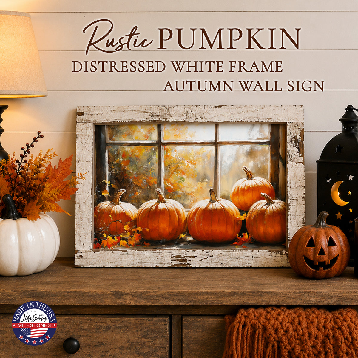 Framed autumn wall art of five orange pumpkins on a sunlit windowsill in a 13.75 x 17.75 inch distressed white barnwood frame
