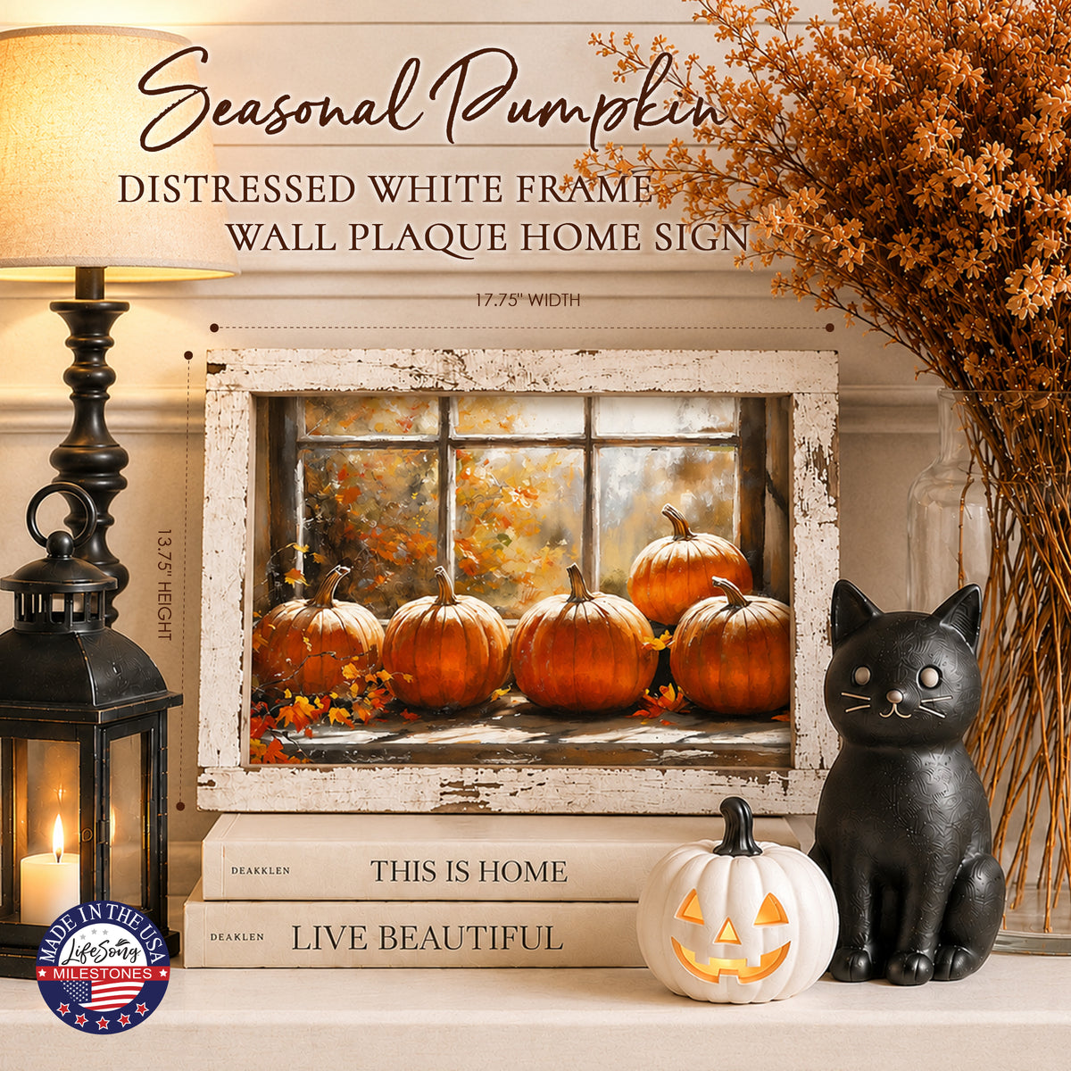 Framed autumn wall art of five orange pumpkins on a sunlit windowsill in a 13.75 x 17.75 inch distressed white barnwood frame
