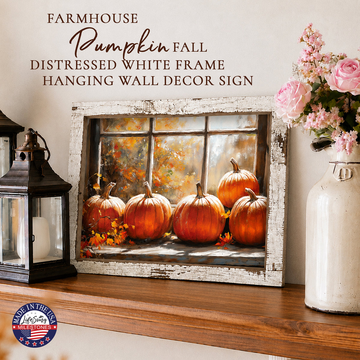 Framed autumn wall art of five orange pumpkins on a sunlit windowsill in a 13.75 x 17.75 inch distressed white barnwood frame
