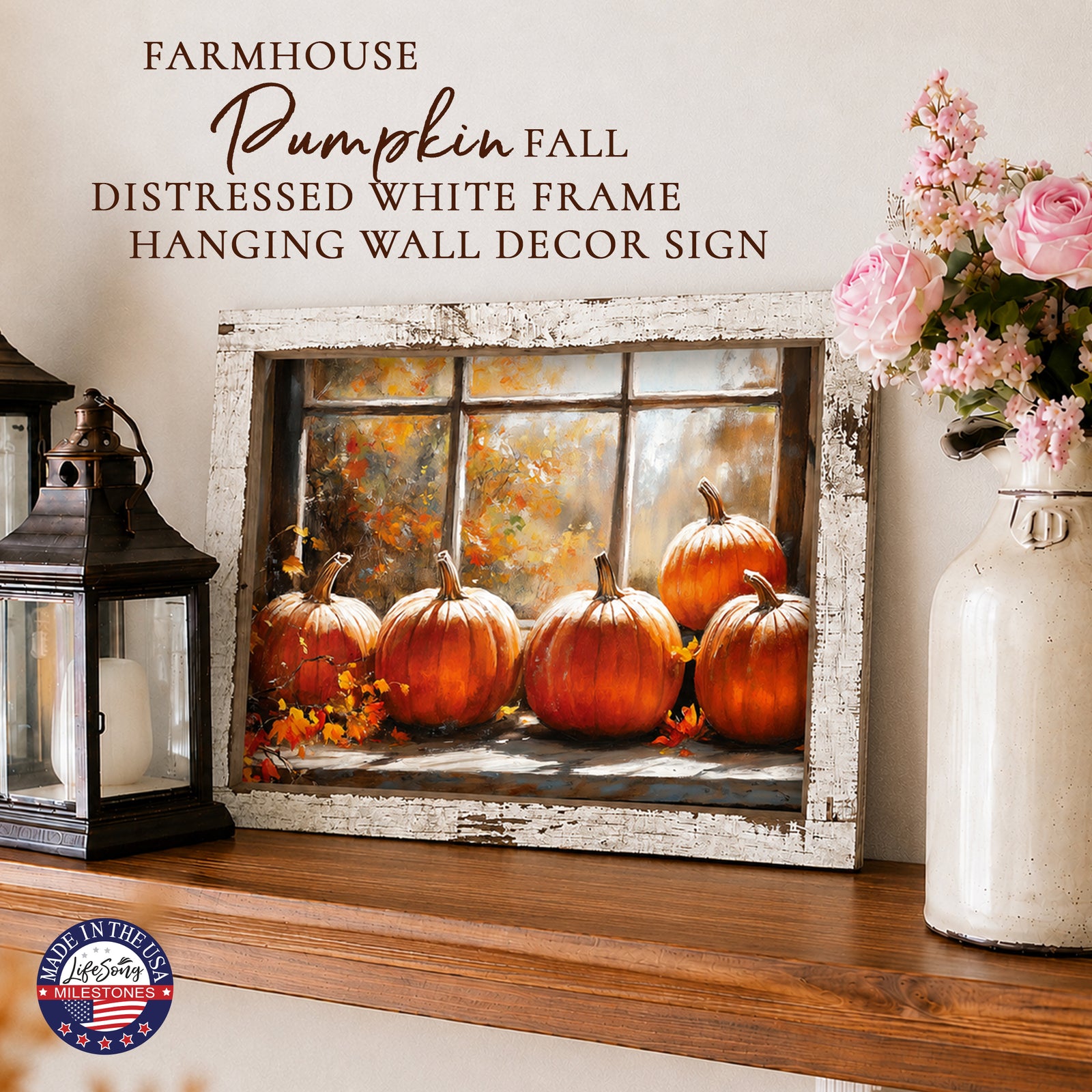 Framed autumn wall art of five orange pumpkins on a sunlit windowsill in a 13.75 x 17.75 inch distressed white barnwood frame
